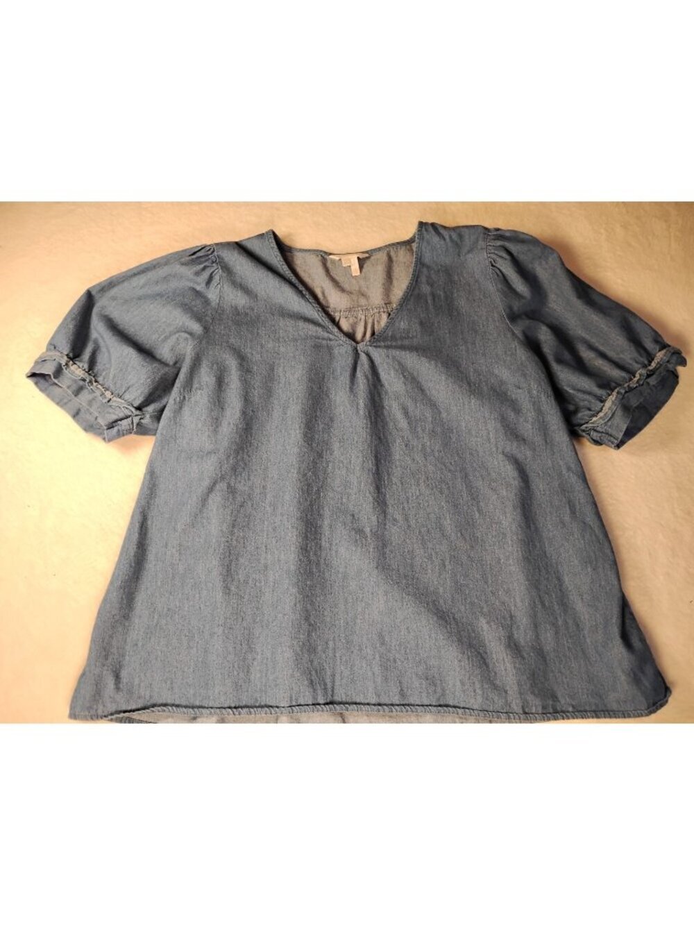 Womens Denim Chambray Top Blouse Puff Sleeve Western Casual Cowgirl XL Blue